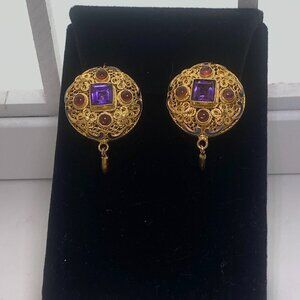 Barbara Garwood Amethyst and Garnet Earrings 24KT GOLD OVER STERLING Collectable